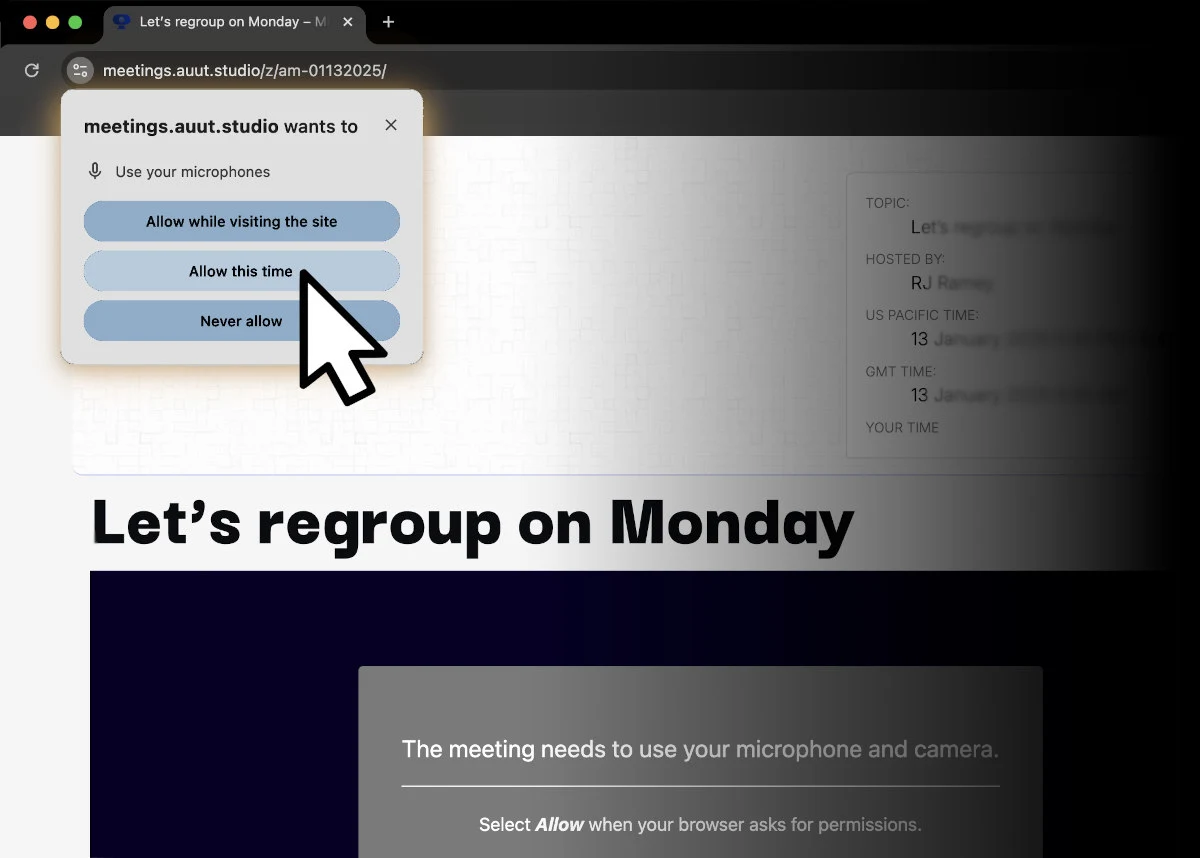 Screenshot of a computer screen, where the browser window has generated a pop-up alert that asks: “This site wants to use your microphones. Allow this time?”